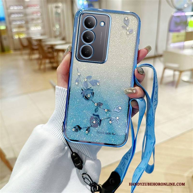 Hülle Realme 14x 5g Handyhülle Kadem Blumen Und Strasssteine Mit Lanyard