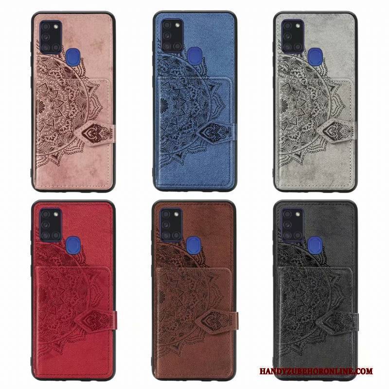 Hülle Samsung Galaxy A21s Taschen Muster Stoff, Case Samsung Galaxy A21s Lederhülle Blau Handyhüllen