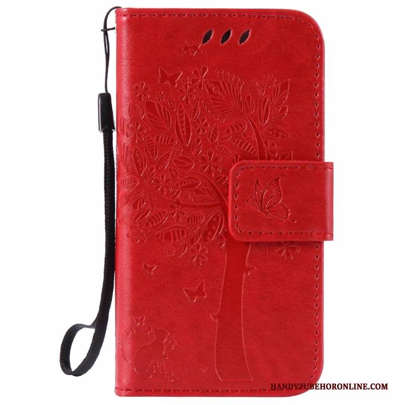 Hülle Samsung Galaxy A7 2018 Halterung Bäume Rot, Case Samsung Galaxy A7 2018 Lederhülle Katzen Prägung