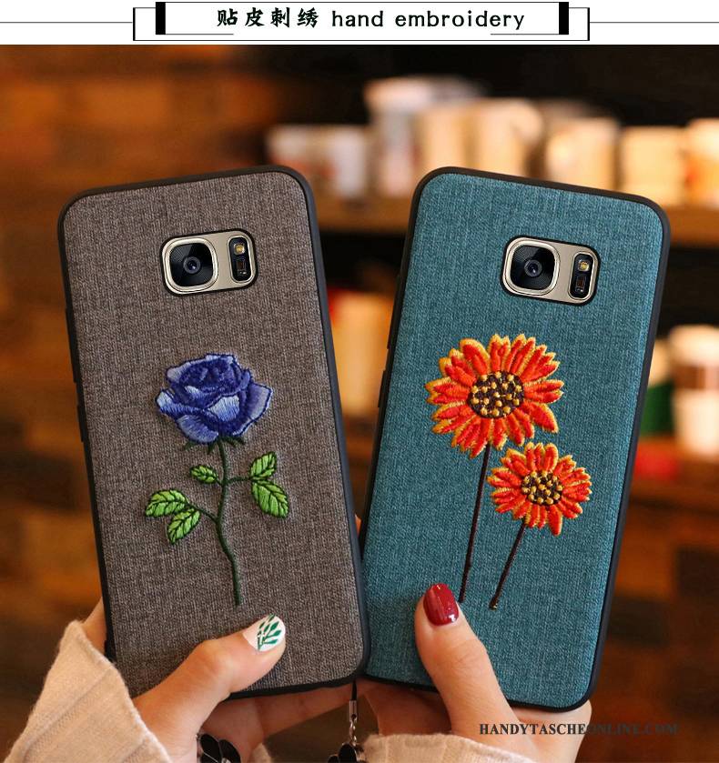 Hülle Samsung Galaxy S7 Edge Taschen Trend Handyhüllen, Case Samsung Galaxy S7 Edge Weiche Stickerei Blau