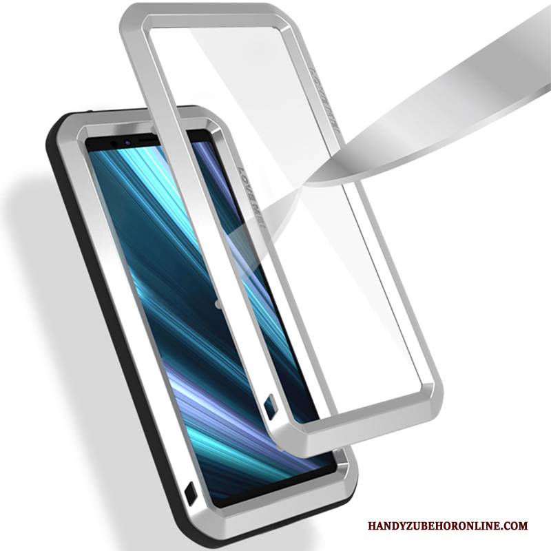 Hülle Sony Xperia 10 Silikon Explosionsgeschützt Drei Verteidigungen, Case Sony Xperia 10 Metall Grenze Silber