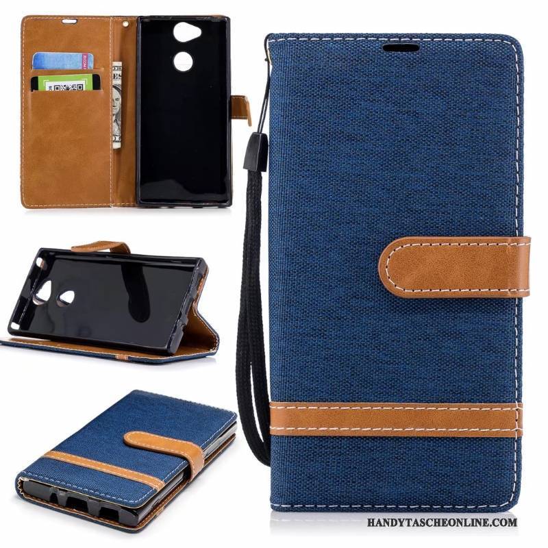 Hülle Sony Xperia Xa2 Lederhülle Karte Grün, Case Sony Xperia Xa2 Geldbörse Pur Denim