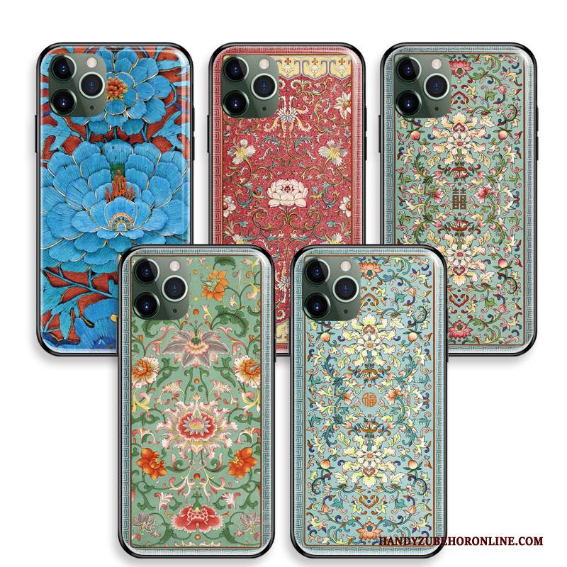 Hülle iPhone 11 Pro Max Retro Handyhüllen Rot, Case iPhone 11 Pro Max Kreativ Blumen Gehärtetes Glas