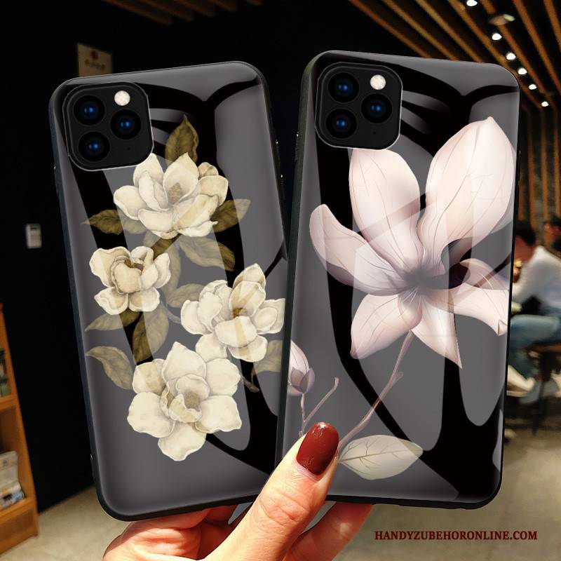 Hülle iPhone 11 Pro Schutz Glas Blumen, Case iPhone 11 Pro Taschen Anti-sturz Holz