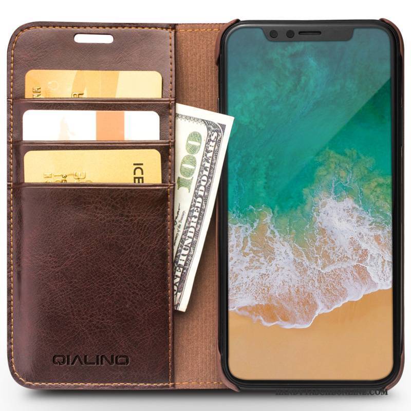 Hülle iPhone X Folio Anti-sturz Business, Case iPhone X Leder Karte Braun