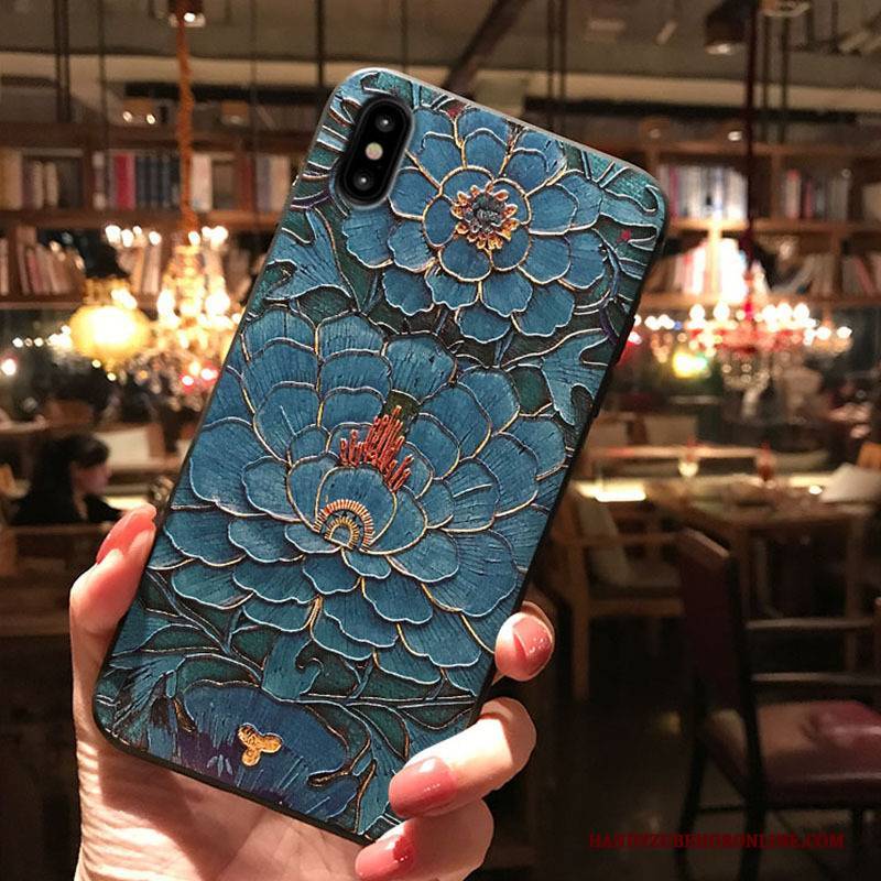 Hülle iPhone Xs Max Prägung Wind Handyhüllen, Case iPhone Xs Max Blumen Blau