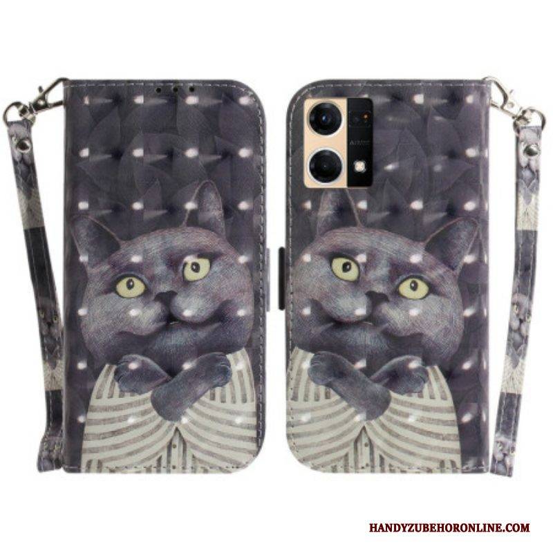 Lederhüllen Für Oppo Reno 7 Mit Kordel Graue Katze Mit Riemen