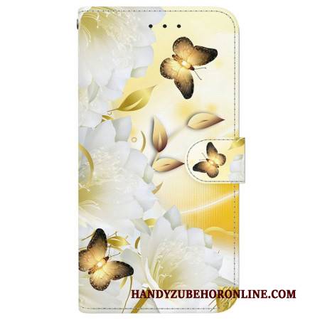 Lederhüllen Für Realme C75 Goldene Schmetterlinge Und Weiße Blumen