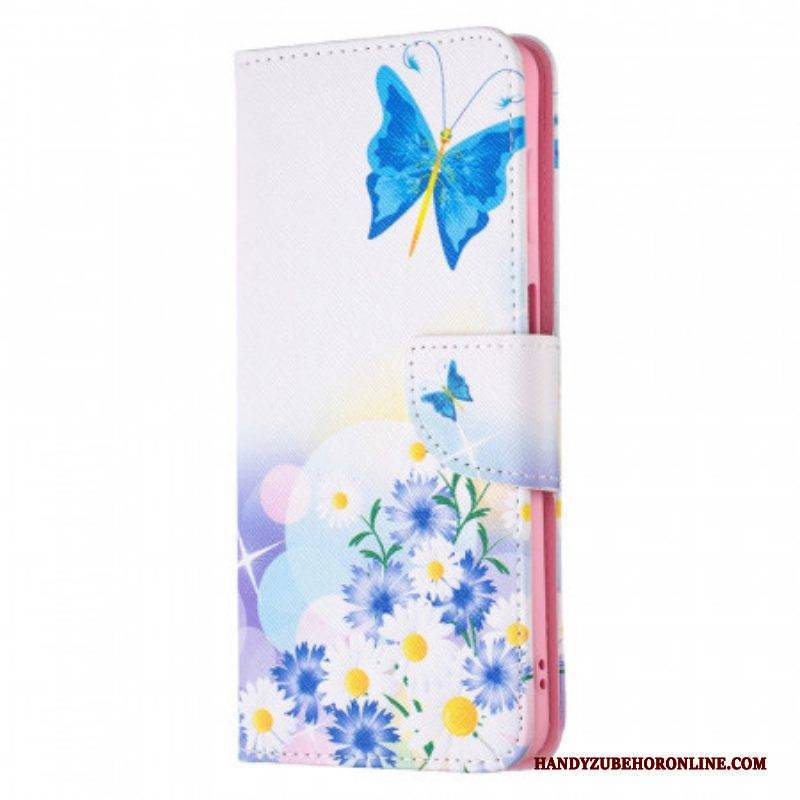 Lederhüllen Für Samsung Galaxy M52 5G Schmetterling Und Blumen