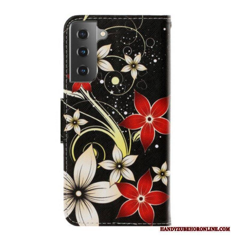 Lederhüllen Für Samsung Galaxy S21 Plus 5G Mit Kordel Bunte Riemchenblumen