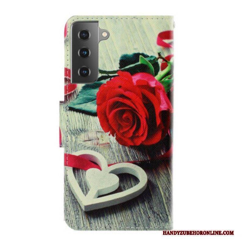 Lederhüllen Für Samsung Galaxy S21 Plus 5G Mit Kordel Romantische Rose Mit Riemen