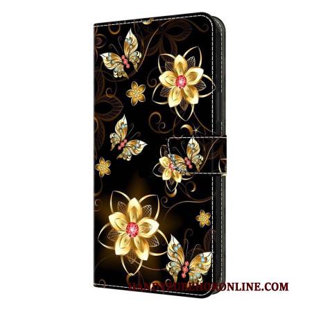 Lederhüllen Für Samsung Galaxy S26 Plus Goldene Blumen Und Schmetterlinge