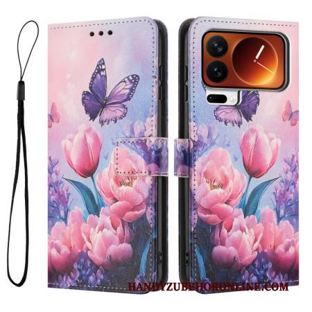Lederhüllen Für Xiaomi 17 Pro Schmetterlinge Und Rosa Blumen