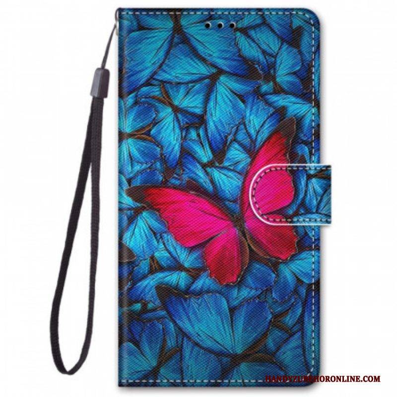 Lederhüllen Für Xiaomi Redmi Note 11 Pro Plus 5G Roter Schmetterling. Blauer Hintergrund