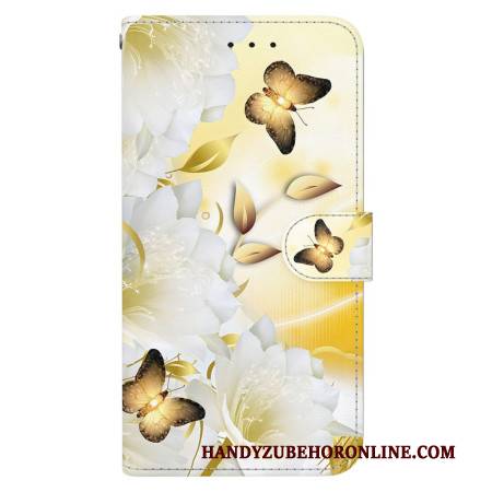 Lederhüllen Für Xiaomi Redmi Note 14 5g Goldene Schmetterlinge Und Weiße Blumen