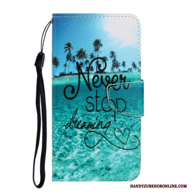Lederhüllen Für iPhone 13 Pro Mit Kordel Never Stop Dreaming Navy Strappy
