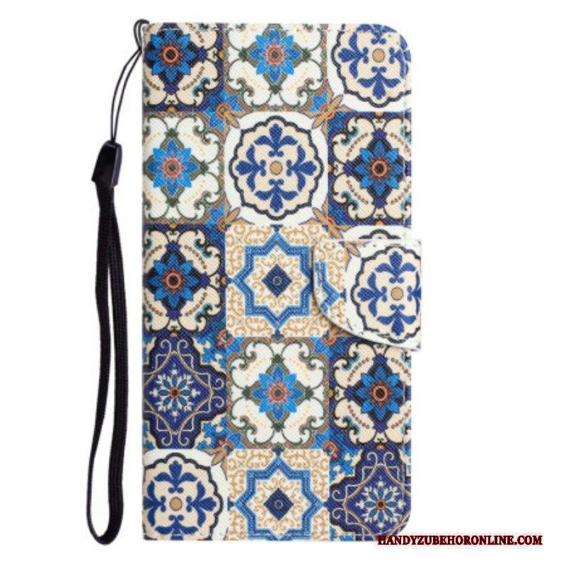 Lederhüllen Für iPhone 15 Mit Kordel Blaues Patchwork Mit Riemen