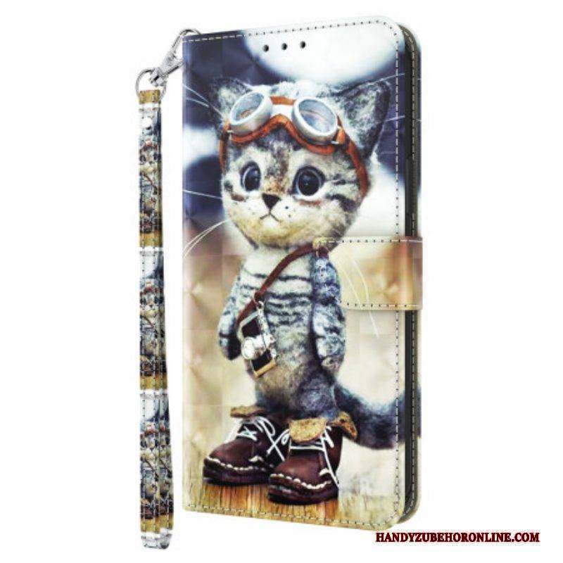Lederhüllen Für iPhone 15 Pro Max Mit Kordel Fliegerkatze Mit Riemen
