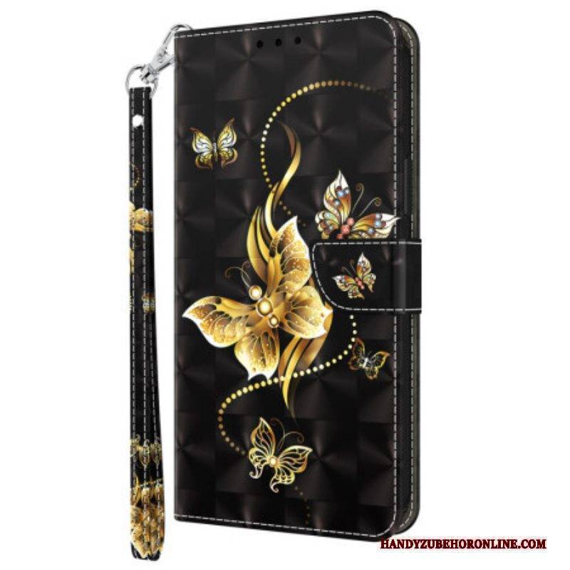 Lederhüllen Für iPhone 15 Pro Mit Kordel Goldene Schmetterlinge Mit Riemen