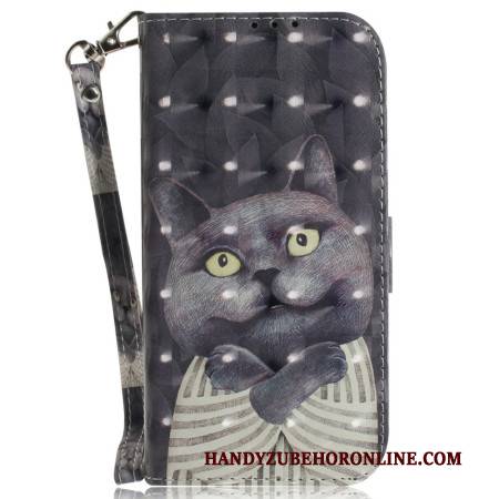 Lederhüllen Sony Xperia 10 Vii Lanyard Mit Grauer Katze