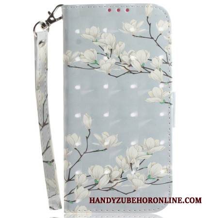 Lederhüllen Xiaomi 15 Schlüsselband Mit Magnolien-motiv